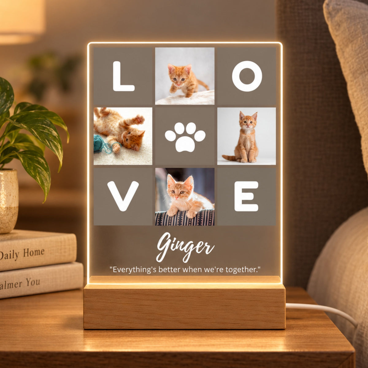Personalized pet collage acrylic night light featuring LOVE grid typography, paw print, four orange kitten photos, name Ginger, and quote on a wooden base beside books.