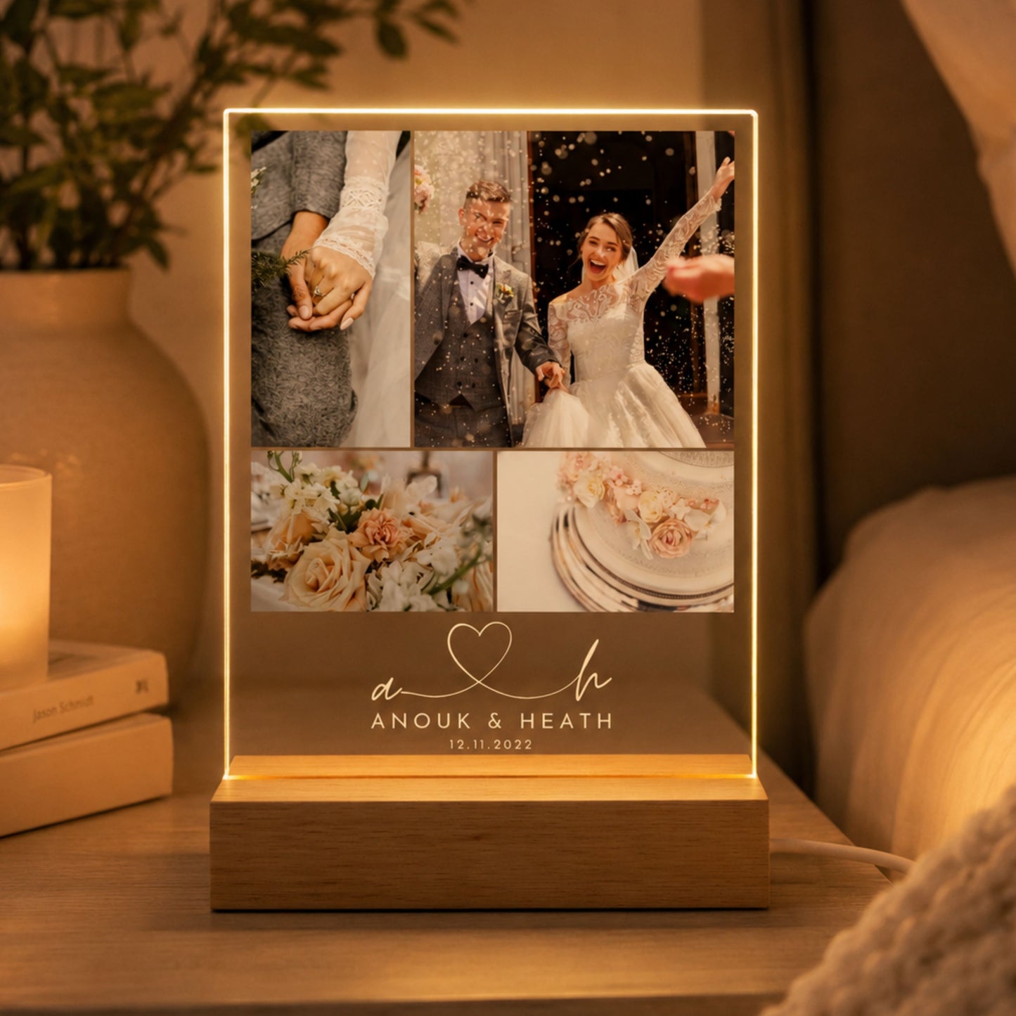 Custom 4-photo wedding collage acrylic night light featuring couple portraits, wedding cake, monogram initials, names, and date glowing warm LED light on a nightstand.