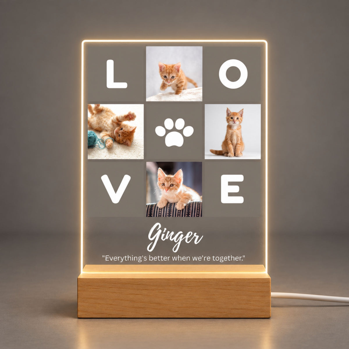 Studio front view of illuminated pet photo LOVE grid acrylic plaque glowing warm white on a natural wooden LED base.