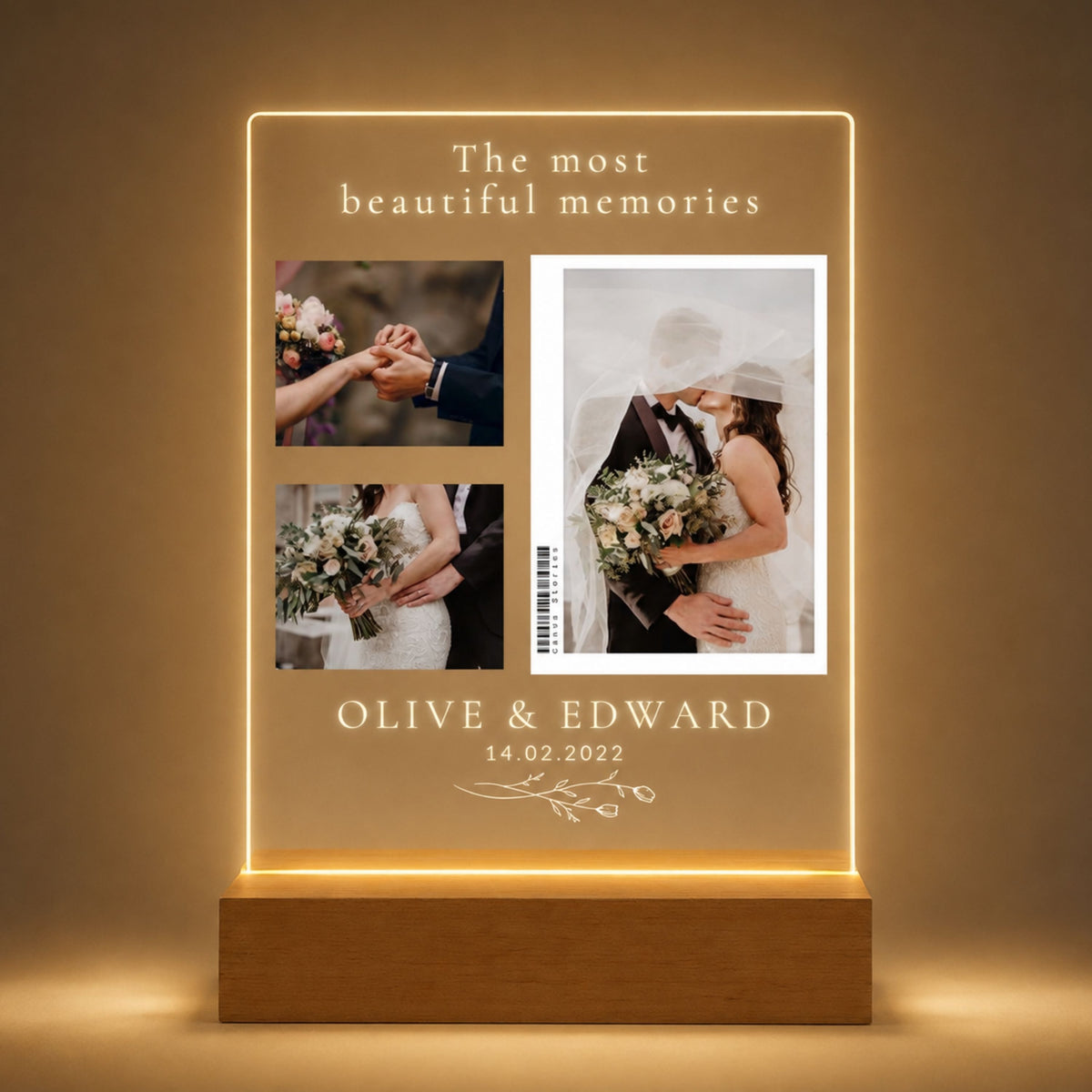 Studio front view of illuminated three-picture wedding collage acrylic night light glowing warm white on a natural wooden LED stand.