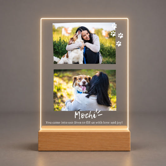 Studio front view of illuminated two-picture pet remembrance acrylic plaque glowing warm white on a natural wooden LED stand.