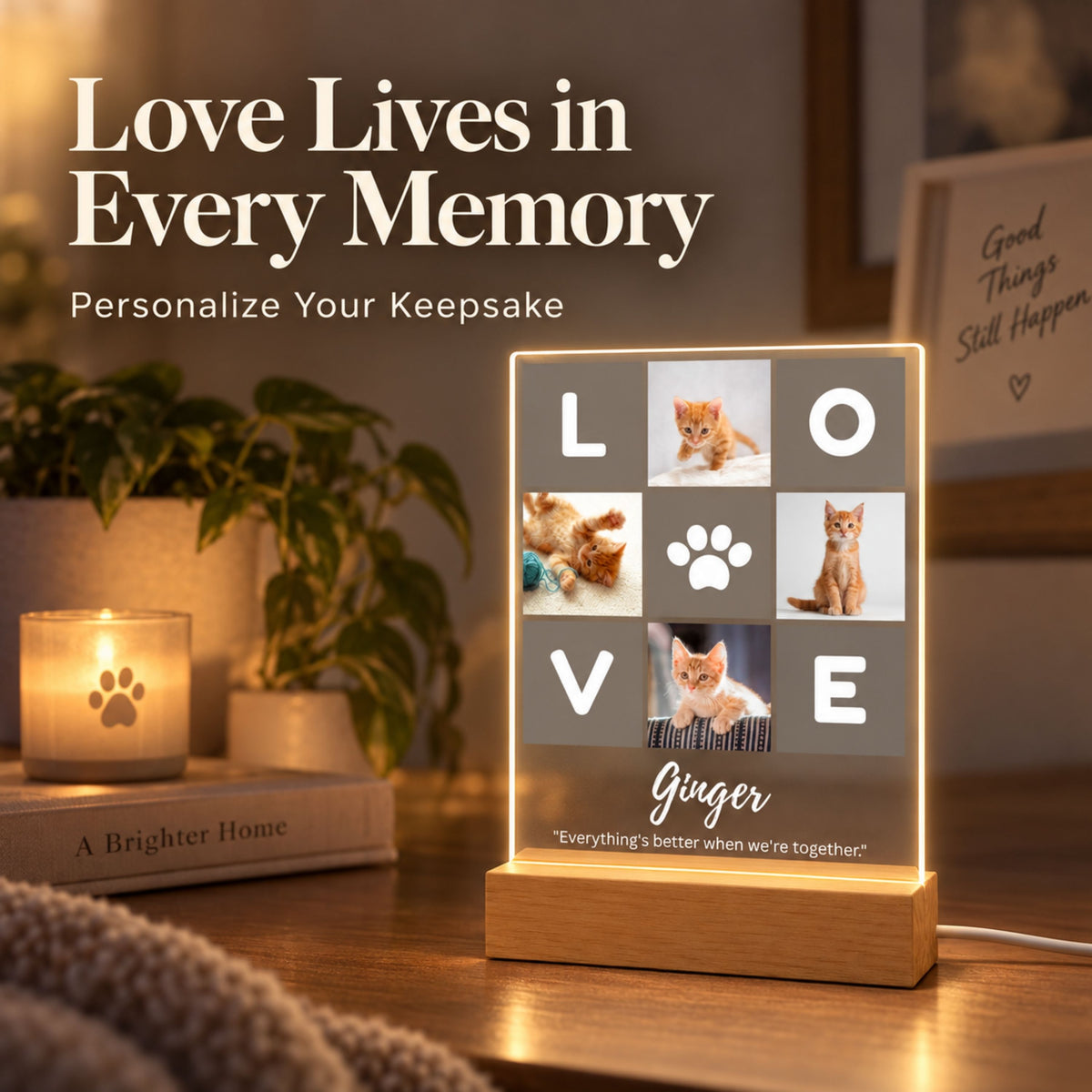 Custom pet photo acrylic lamp with LOVE grid design glowing warmly on a nightstand table with Love Lives in Every Memory header.
