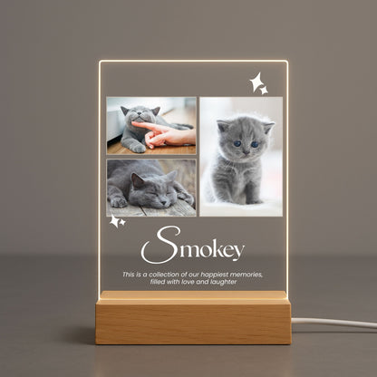 Straight-on studio shot of custom three-photo cat memorial acrylic night light with warm LED light border against a neutral gray background.