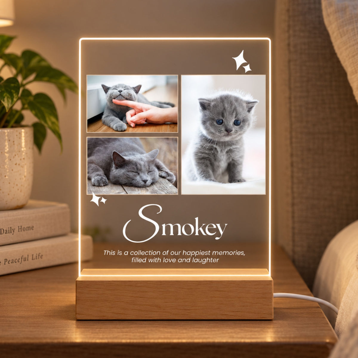 Personalized cat memorial acrylic night light displaying three photos of a gray kitten and adult cat with name Smokey glowing warm LED light on a nightstand.