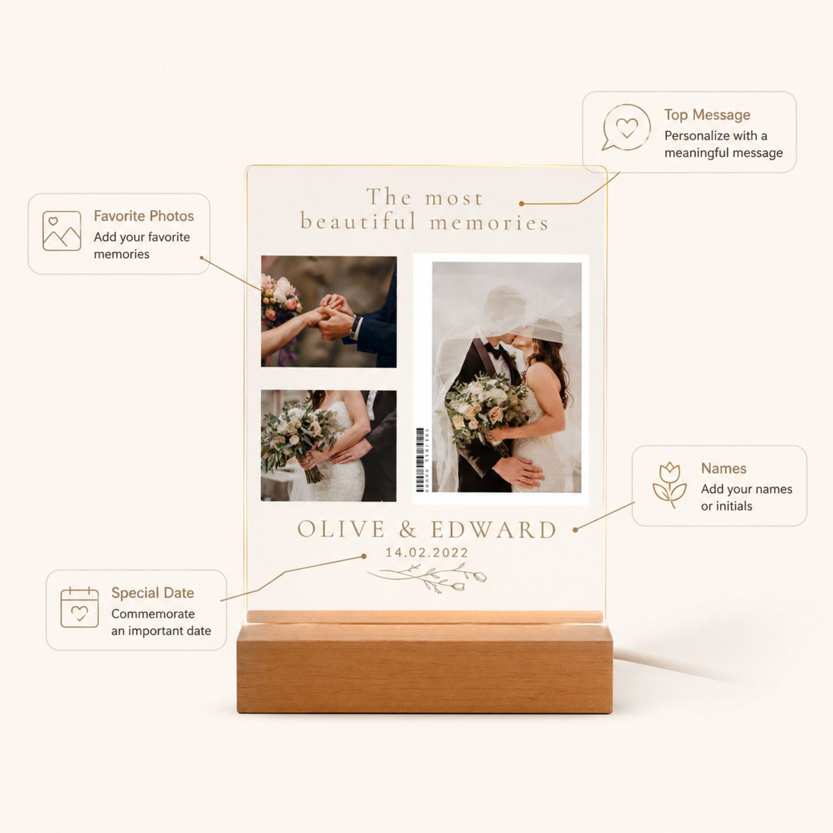 Personalization layout diagram for 3-photo collage acrylic night light showing options for top message, three favorite photos, couple names, and wedding date.