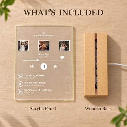 Component overview showing the custom 3-photo playlist acrylic panel alongside the slotted natural wood LED strip base.