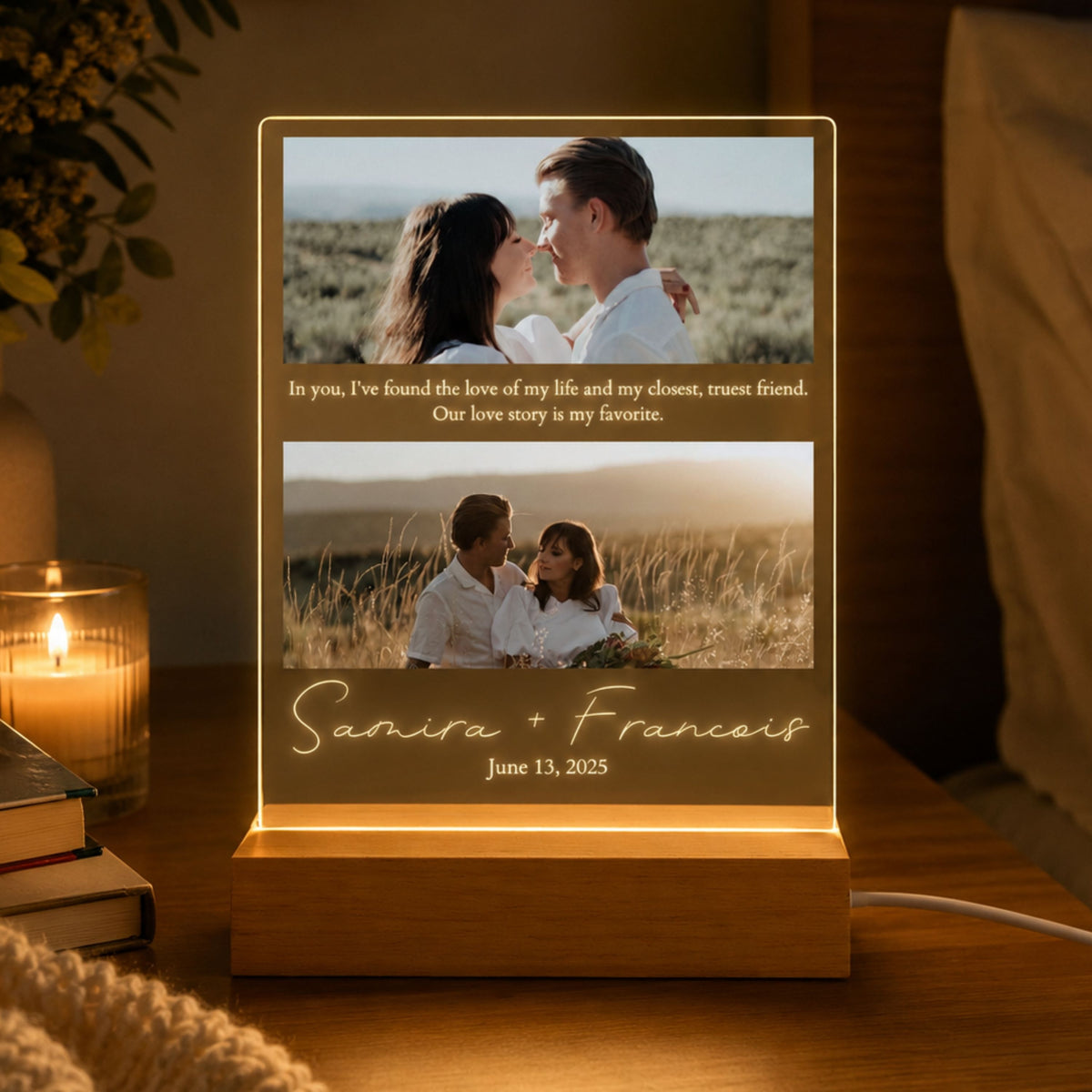 Personalized acrylic night light featuring two custom couple photos, love quote, names, and wedding anniversary date glowing warm LED light on a nightstand.