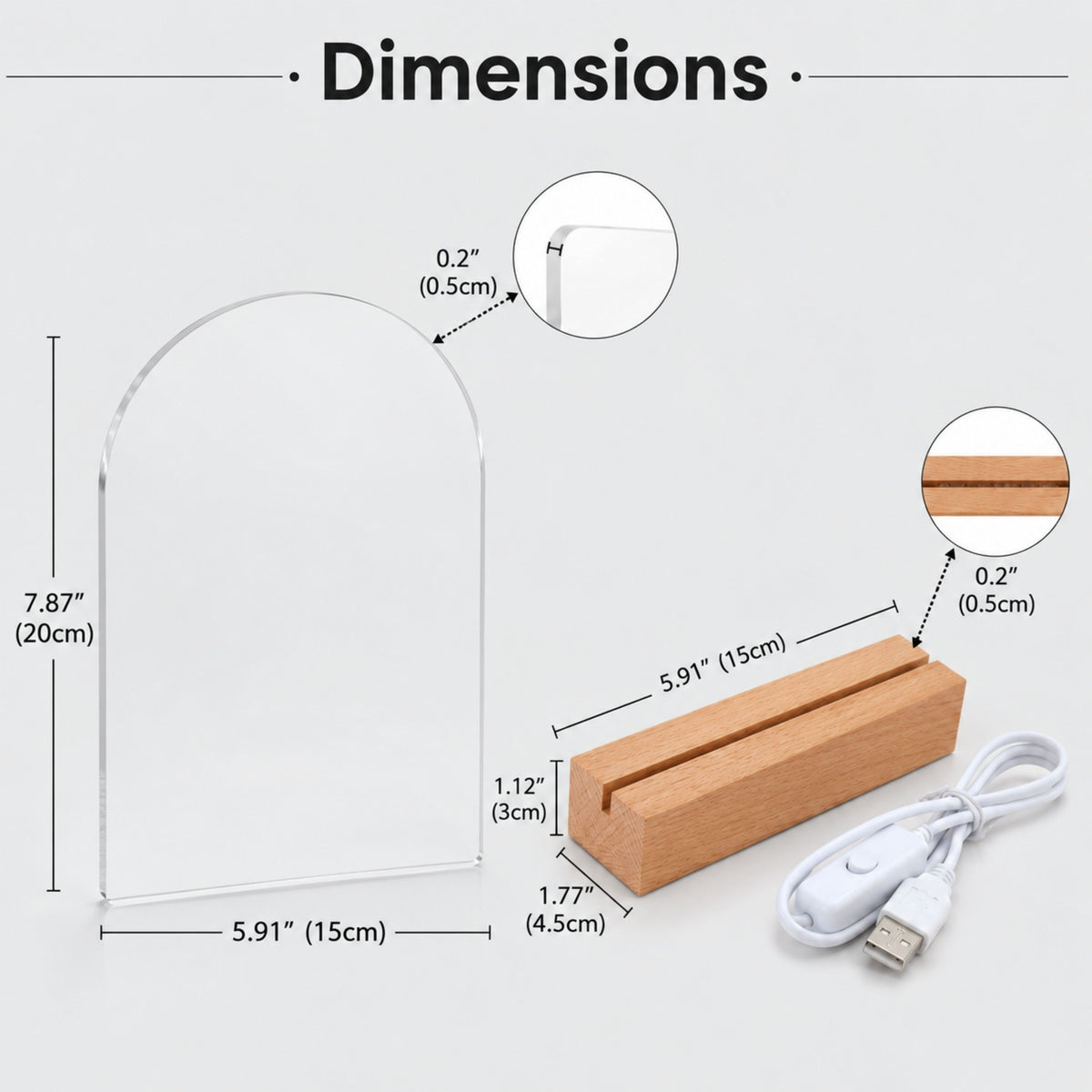 Dimension measurement guide for arched acrylic night light and wooden LED base with USB cord