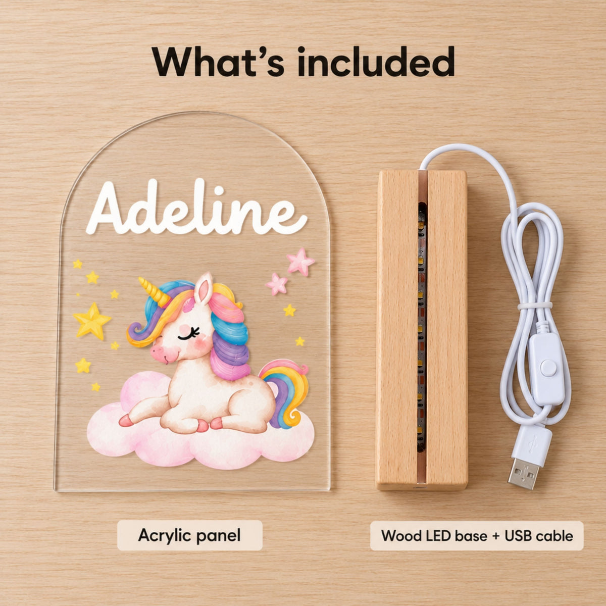 Separate baby unicorn acrylic panel, wooden LED base and USB cable shown as the included parts.