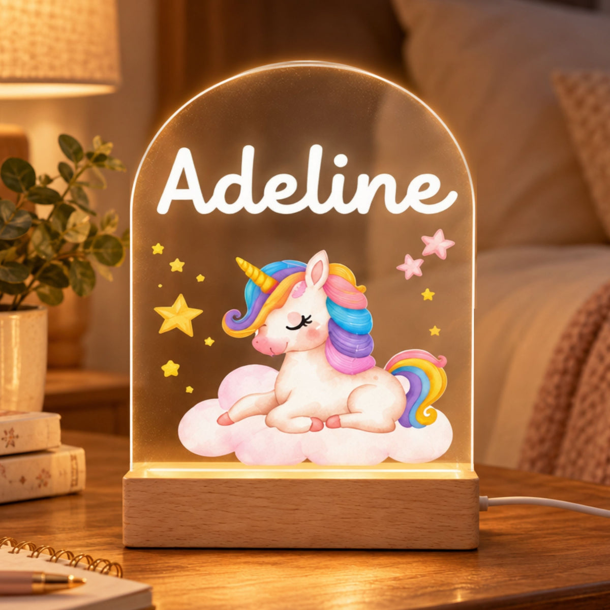 baby unicorn night light glowing on a bedside table, showing the complete arched panel and wooden base.
