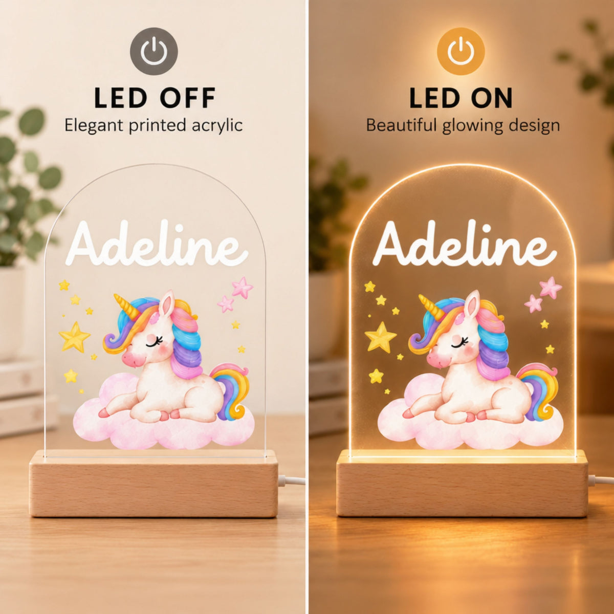Side-by-side comparison of the baby unicorn acrylic night light with the LED off and on.