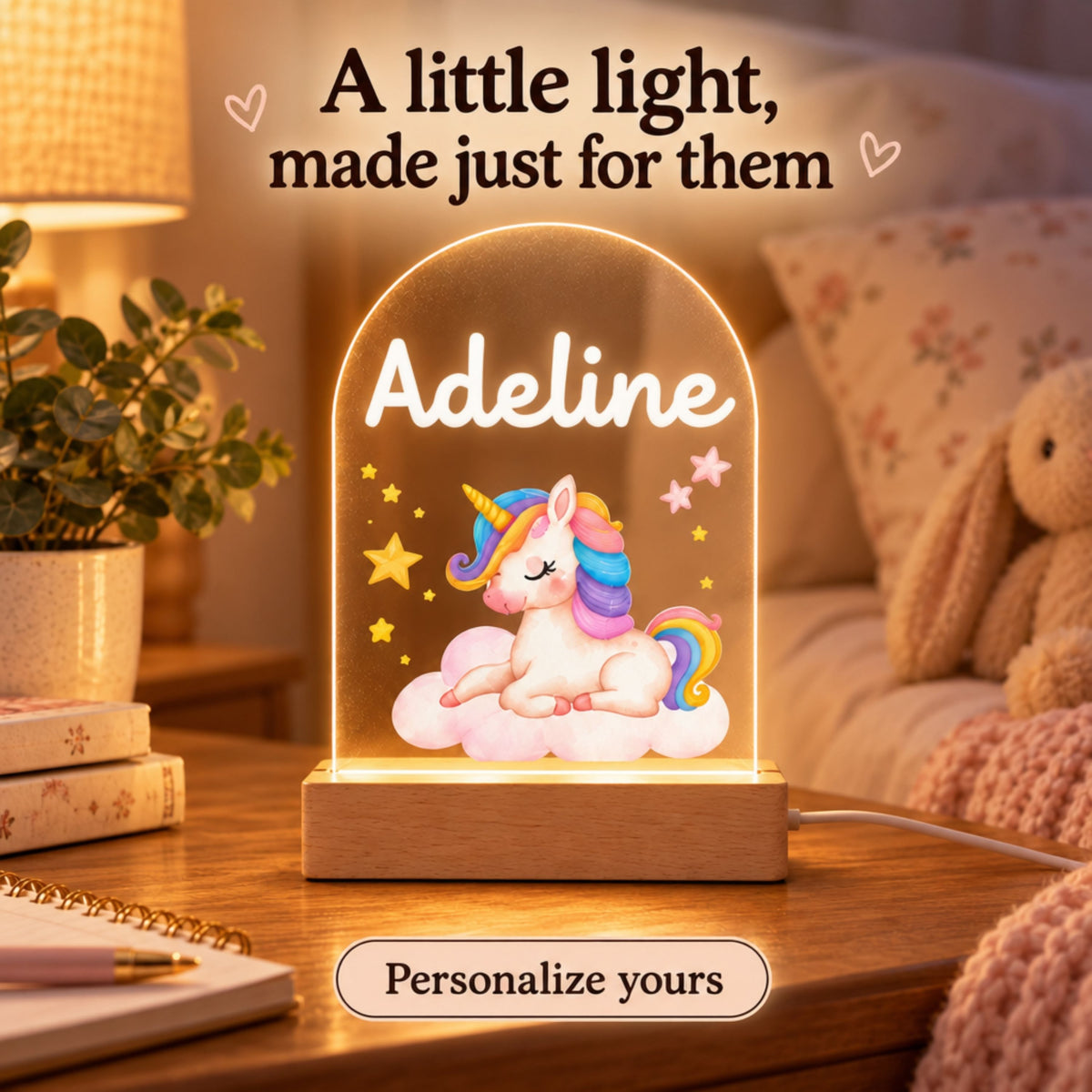 baby unicorn acrylic night light displayed in a nursery setting with promotional text and the full product visible.