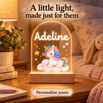 baby unicorn acrylic night light displayed in a nursery setting with promotional text and the full product visible.