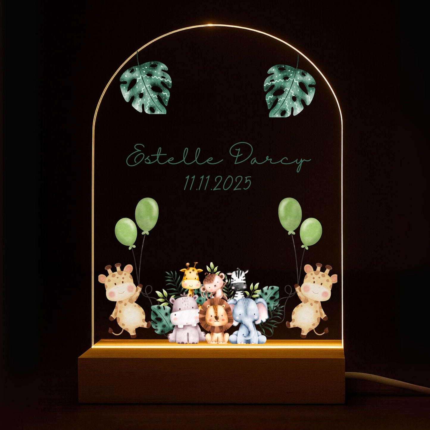 Personalized animal baby night light featuring a tall watercolor giraffe graphic paired with custom engraved name text