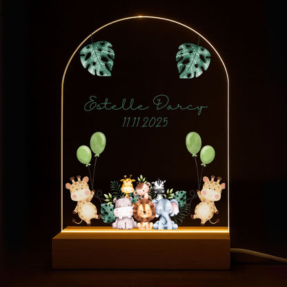 Personalized animal baby night light featuring a tall watercolor giraffe graphic paired with custom engraved name text