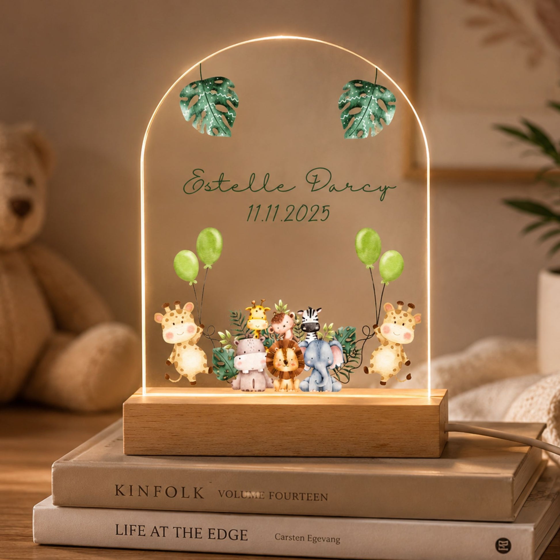 Personalized animal baby night light variant showcasing a charming watercolor baby elephant motif and wooden stand.