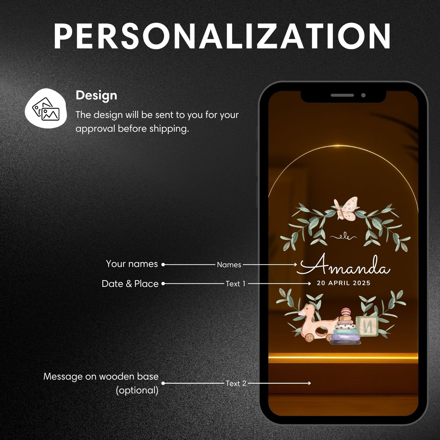 Infographic detailing steps to customize and order the personalized animal baby night light with name and date