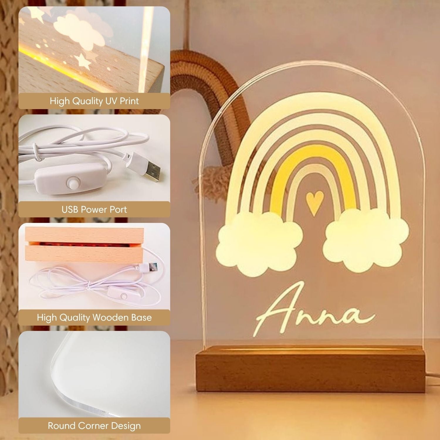 Specification diagram showing dimensions of the personalized animal baby night light with natural wood base details.