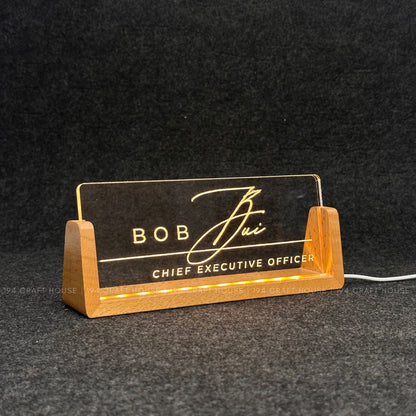 Personalized Led Acrylic Desk Name Plates With Wooden Base - Office Gifts & Decor