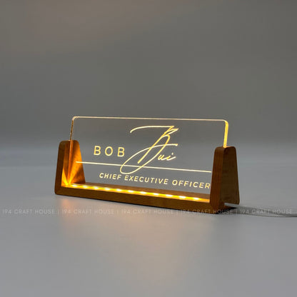 Personalized Led Acrylic Desk Name Plates With Wooden Base - Custom Name Sign - Office Gifts & Decor