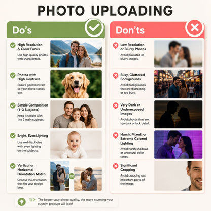 Photo upload guide infographic for custom acrylic night lights displaying image quality dos and donts including resolution, lighting, and composition tips.