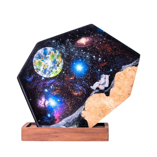 Custom spacecraft resin wood art lamp with deep-blue galaxy epoxy layers and miniature astronaut figure — unique space gift
