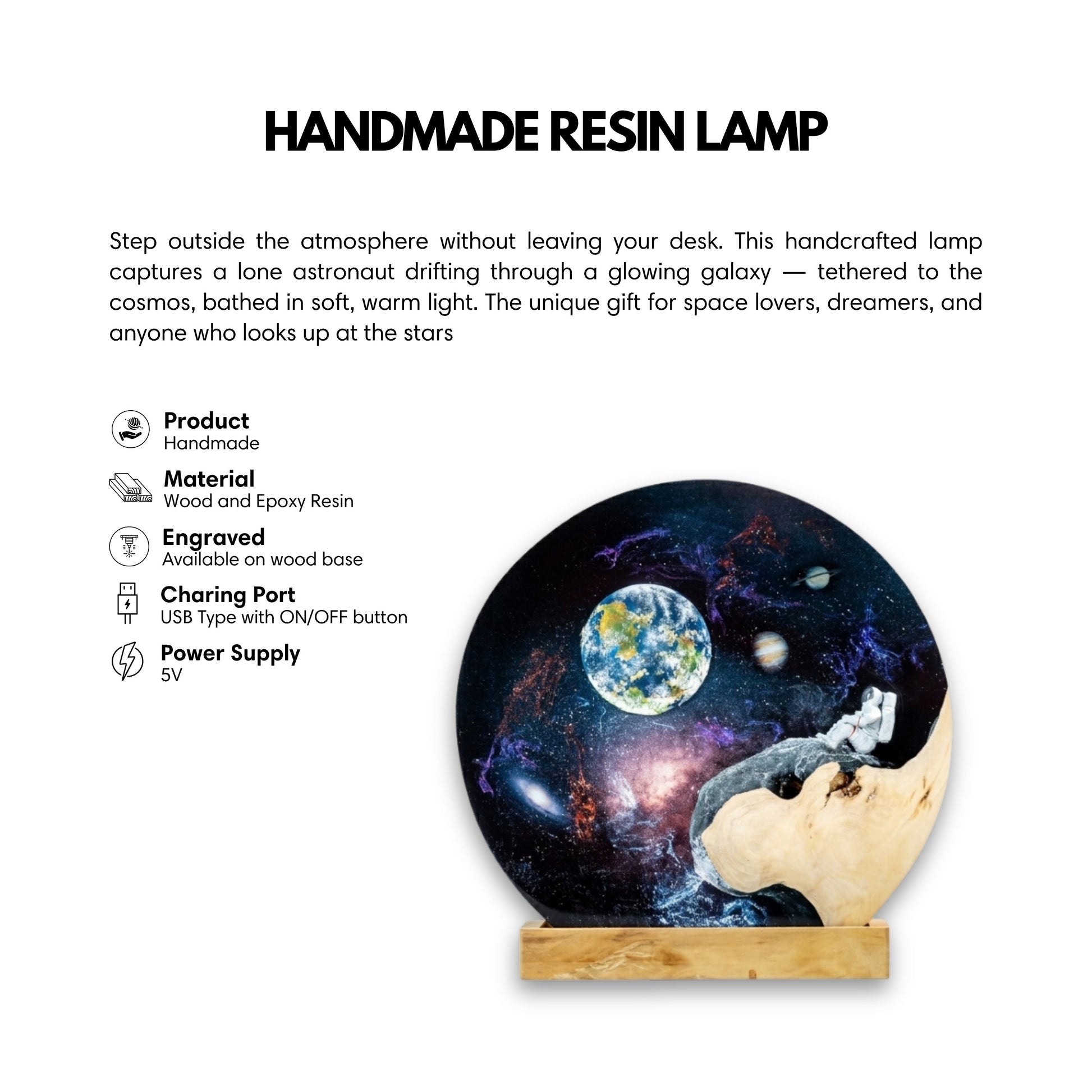 Handmade resin lamp with astronaut design on a white background