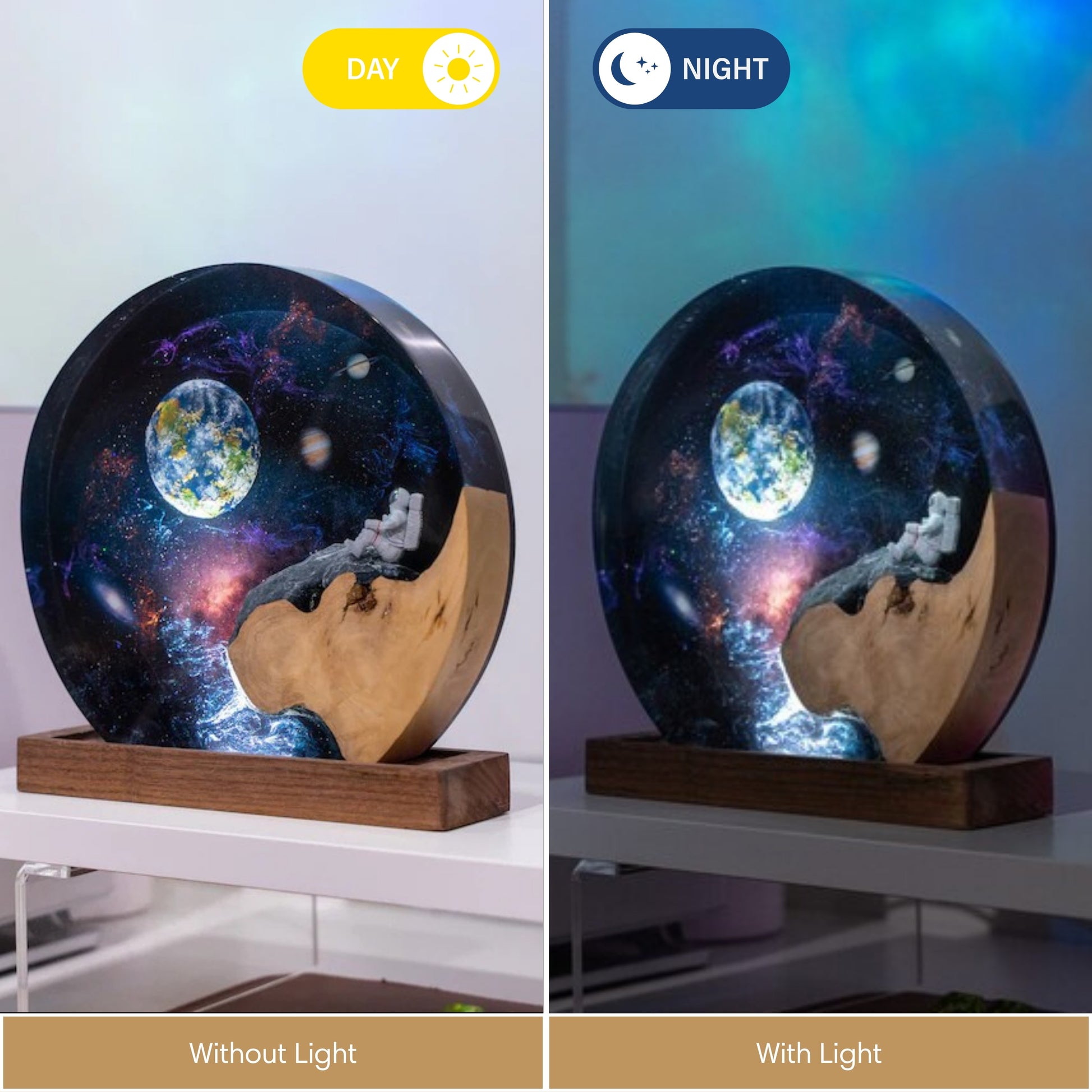 Galaxy resin lamp on a wooden base, shown in day and night light.