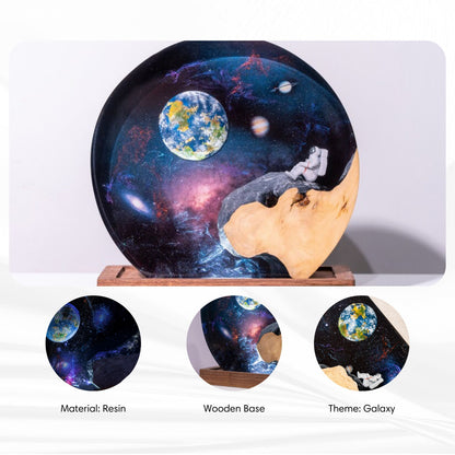 Decorative plate with galaxy design on a wooden base, surrounded by close-up insets showing details.