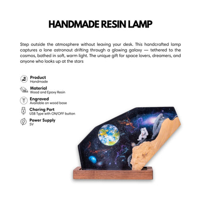 Product feature infographic for the handcrafted galaxy epoxy resin lamp detailing wood and resin materials, custom base engraving, USB 5V power supply, and an ON/OFF button.