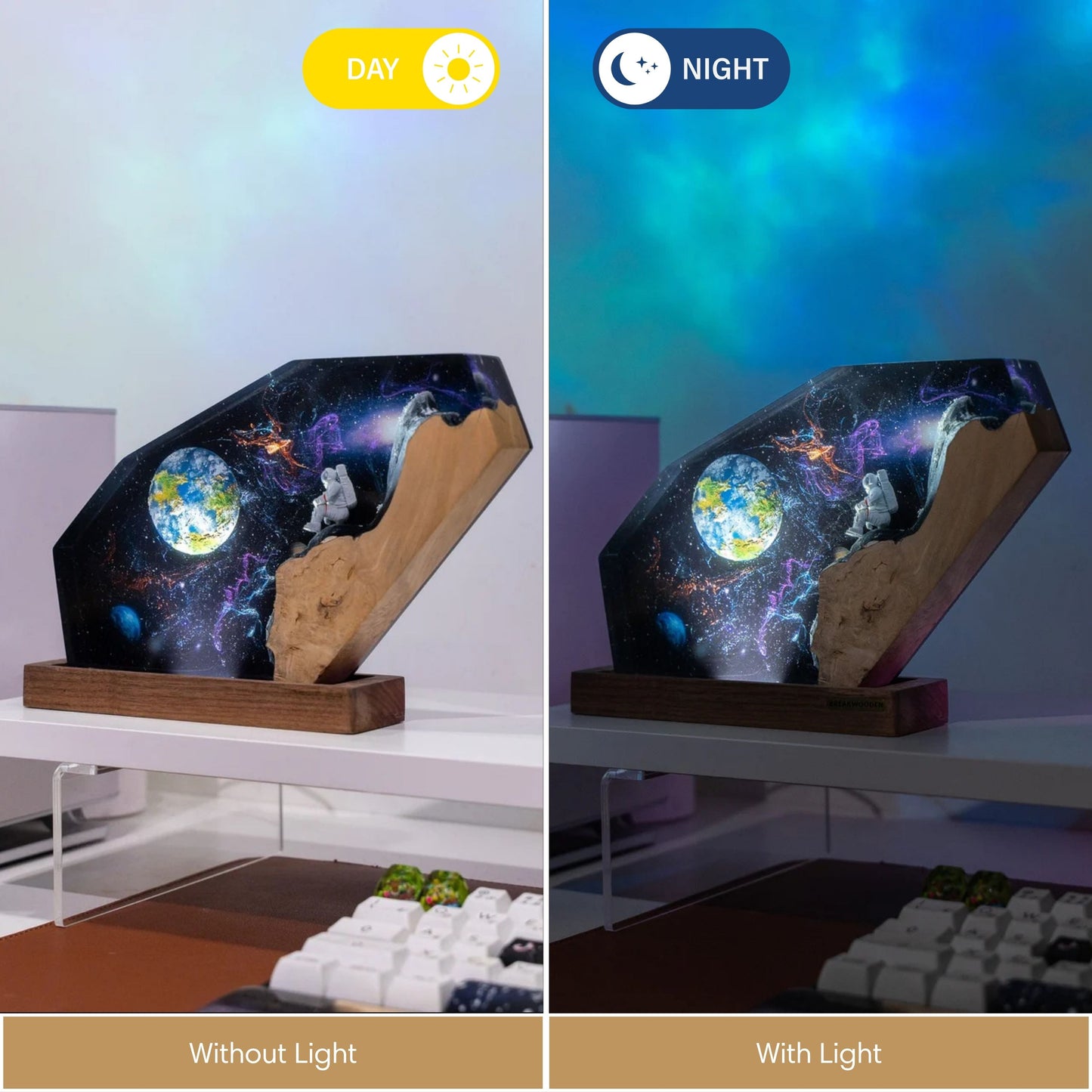 Side-by-side comparison of the astronaut galaxy resin night light during the day without light and at night casting a vibrant blue and green cosmic glow on a desk setup.