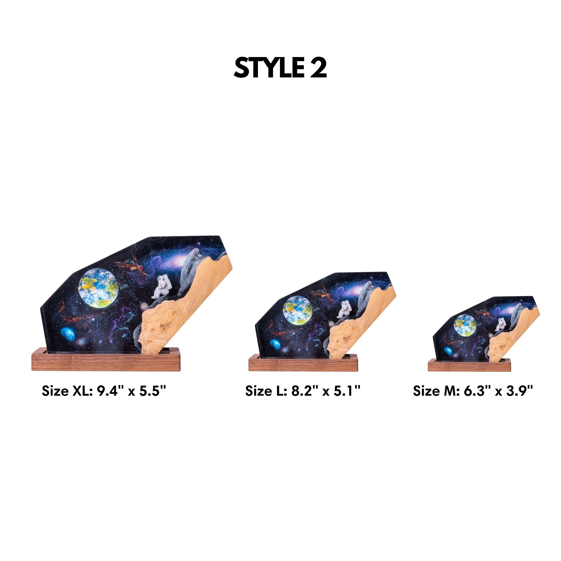 Size chart for astronaut galaxy epoxy resin lamp showcasing three available dimensions: Medium (6.3 by 3.9 inches), Large (8.2 by 5.1 inches), and Extra Large (9.4 by 5.5 inches)