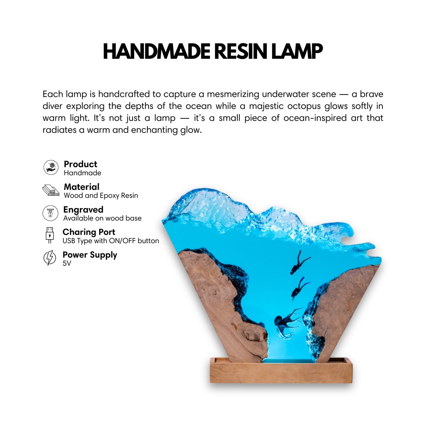 Octopus & Scuba Diver Ocean Resin Lamp: Personalized Gift for Scuba Diver, Ocean Lover, Resin Night Light  for Desk Decor, Gaming Room Decor, Streaming Desk Set up