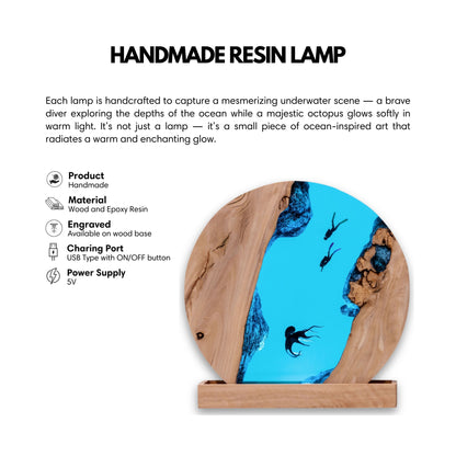 Handmade Octopus and Scuba Diver Ocean Resin Lamp/ Underwater Night Light is perfect for desk decor, gaming room decor, ocean home decor, or a personalized gift for a scuba diver, him, dad, or boyfriend.