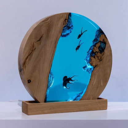 Handmade Octopus and Scuba Diver Ocean Resin Lamp/ Underwater Night Light is perfect for desk decor, gaming room decor, ocean home decor, or a personalized gift for a scuba diver, him, dad, or boyfriend.