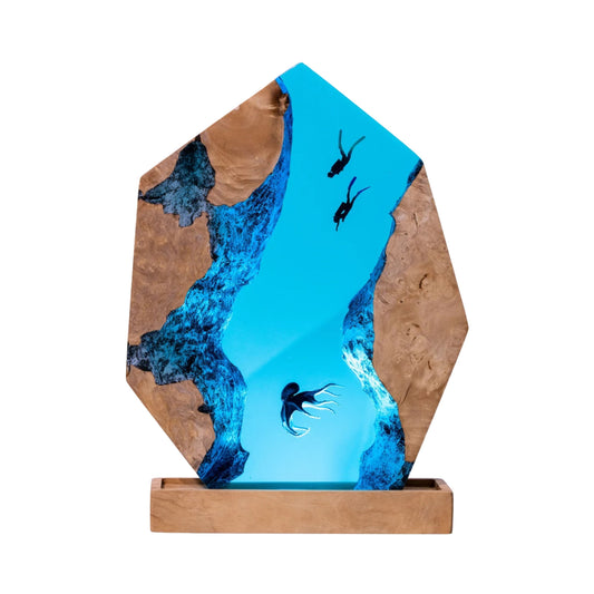 Handmade Octopus and Scuba Diver Ocean Resin Lamp/ Underwater Night Light is perfect for desk decor, gaming room decor, ocean home decor, or a personalized gift for a scuba diver, him, dad, or boyfriend.