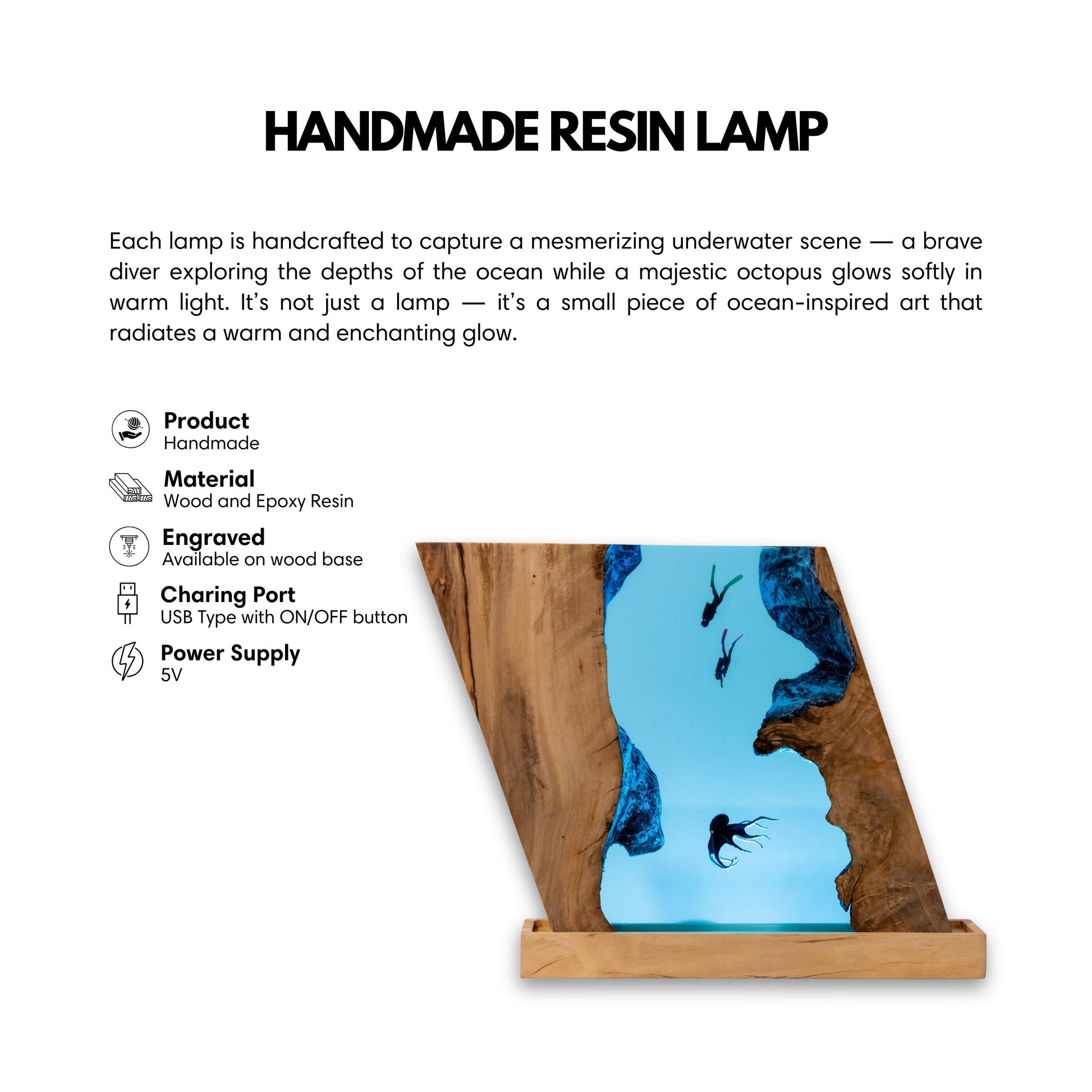 Octopus & Scuba Diver Ocean Resin Lamp: Personalized Gift for Scuba Diver, Ocean Lover, Resin Night Light  for Desk Decor, Gaming Room Decor, Streaming Desk Set Up