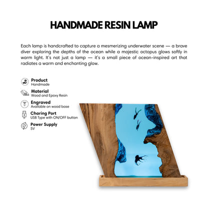 Octopus & Scuba Diver Ocean Resin Lamp: Personalized Gift for Scuba Diver, Ocean Lover, Resin Night Light  for Desk Decor, Gaming Room Decor, Streaming Desk Set Up