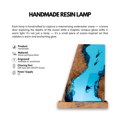 Handmade Octopus and Scuba Diver Ocean Resin Lamp/ Underwater Night Light is perfect for desk decor, gaming room decor, ocean home decor, or a personalized gift for a scuba diver, him, dad, or boyfriend.
