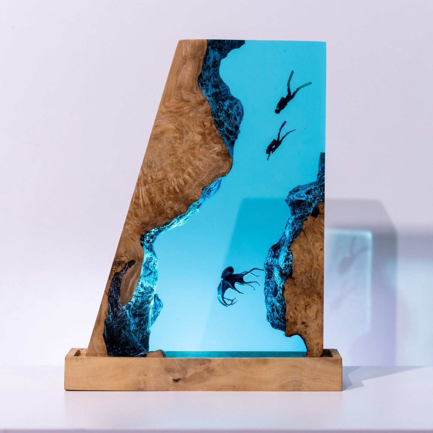 Handmade Octopus and Scuba Diver Ocean Resin Lamp/ Underwater Night Light is perfect for desk decor, gaming room decor, ocean home decor, or a personalized gift for a scuba diver, him, dad, or boyfriend.