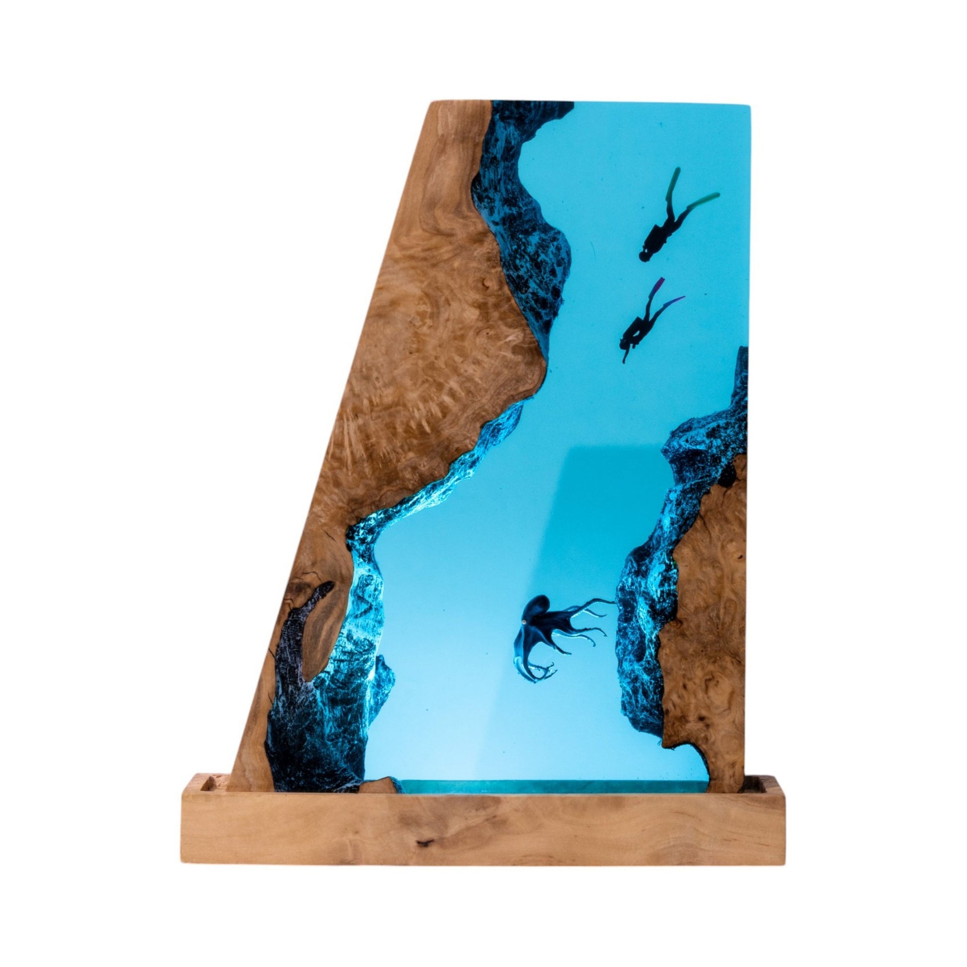 Handmade Octopus and Scuba Diver Ocean Resin Lamp/ Underwater Night Light is perfect for desk decor, gaming room decor, ocean home decor, or a personalized gift for a scuba diver, him, dad, or boyfriend.