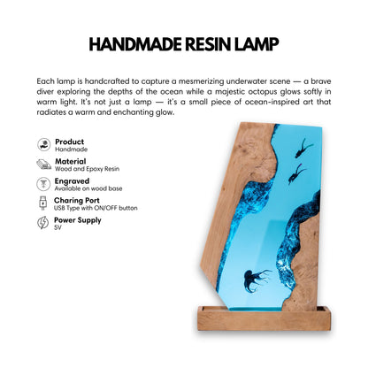 Handmade Octopus and Scuba Diver Ocean Resin Lamp/ Underwater Night Light is perfect for desk decor, gaming room decor, ocean home decor, or a personalized gift for a scuba diver, him, dad, or boyfriend.