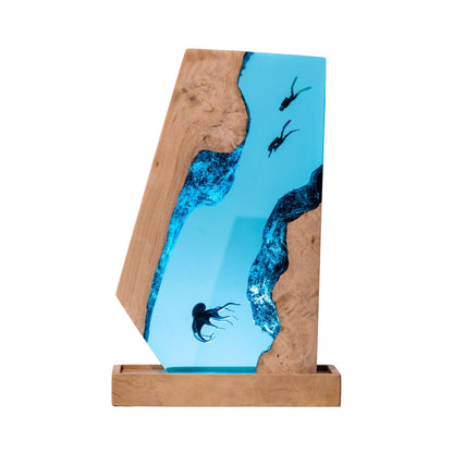 Handmade Octopus and Scuba Diver Ocean Resin Lamp/ Underwater Night Light is perfect for desk decor, gaming room decor, ocean home decor, or a personalized gift for a scuba diver, him, dad, or boyfriend.