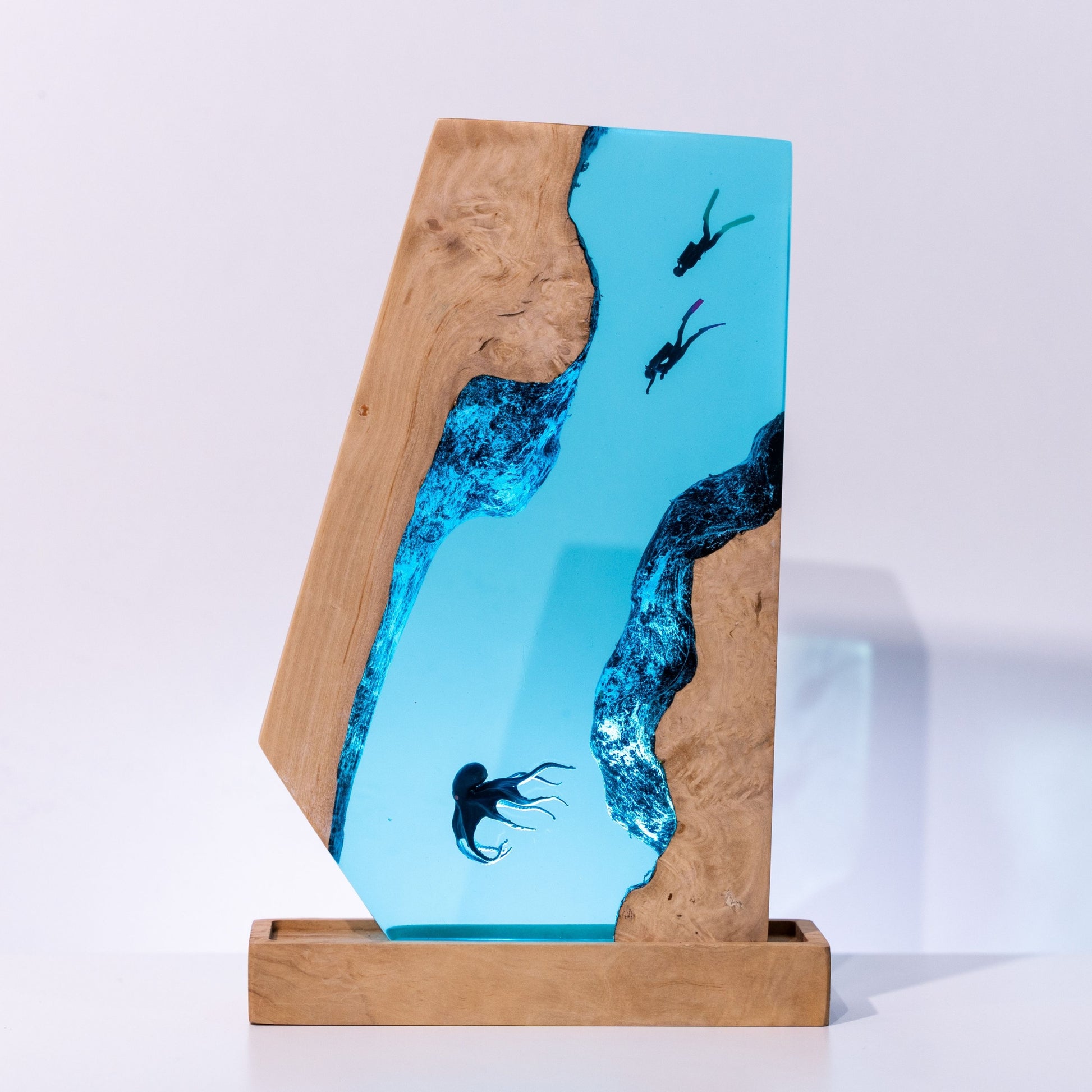 Handmade Octopus and Scuba Diver Ocean Resin Lamp/ Underwater Night Light is perfect for desk decor, gaming room decor, ocean home decor, or a personalized gift for a scuba diver, him, dad, or boyfriend.