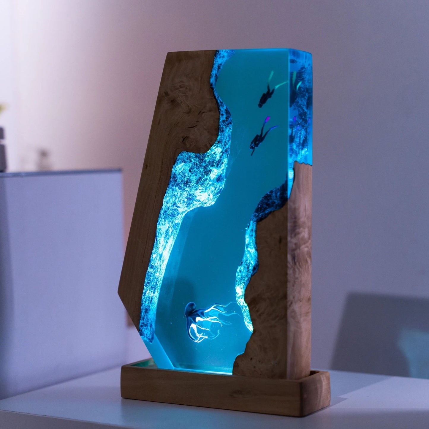 Handmade Octopus and Scuba Diver Ocean Resin Lamp/ Underwater Night Light is perfect for desk decor, gaming room decor, ocean home decor, or a personalized gift for a scuba diver, him, dad, or boyfriend.