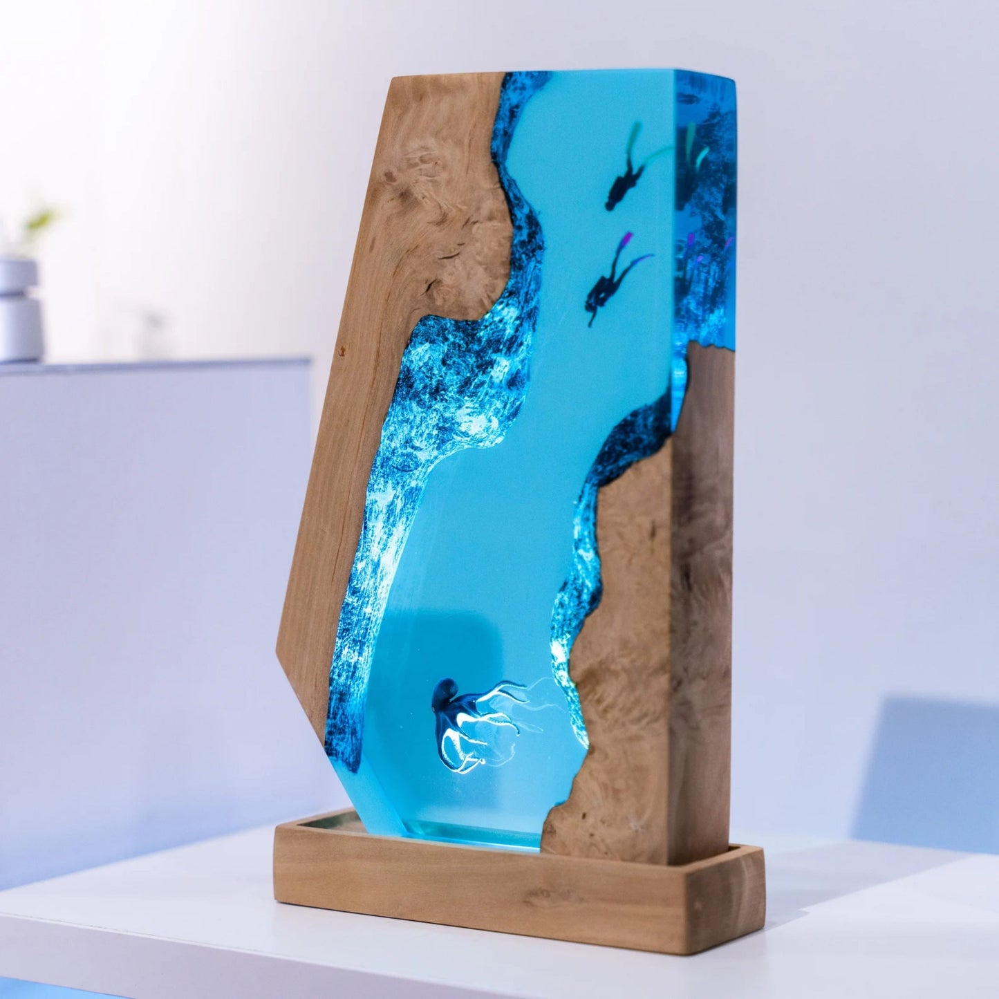 Handmade Octopus and Scuba Diver Ocean Resin Lamp/ Underwater Night Light is perfect for desk decor, gaming room decor, ocean home decor, or a personalized gift for a scuba diver, him, dad, or boyfriend.