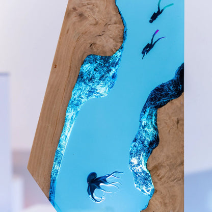 Handmade Octopus and Scuba Diver Ocean Resin Lamp/ Underwater Night Light is perfect for desk decor, gaming room decor, ocean home decor, or a personalized gift for a scuba diver, him, dad, or boyfriend.