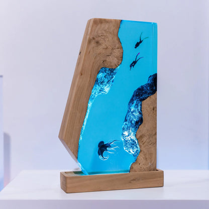 Handmade Octopus and Scuba Diver Ocean Resin Lamp/ Underwater Night Light is perfect for desk decor, gaming room decor, ocean home decor, or a personalized gift for a scuba diver, him, dad, or boyfriend.