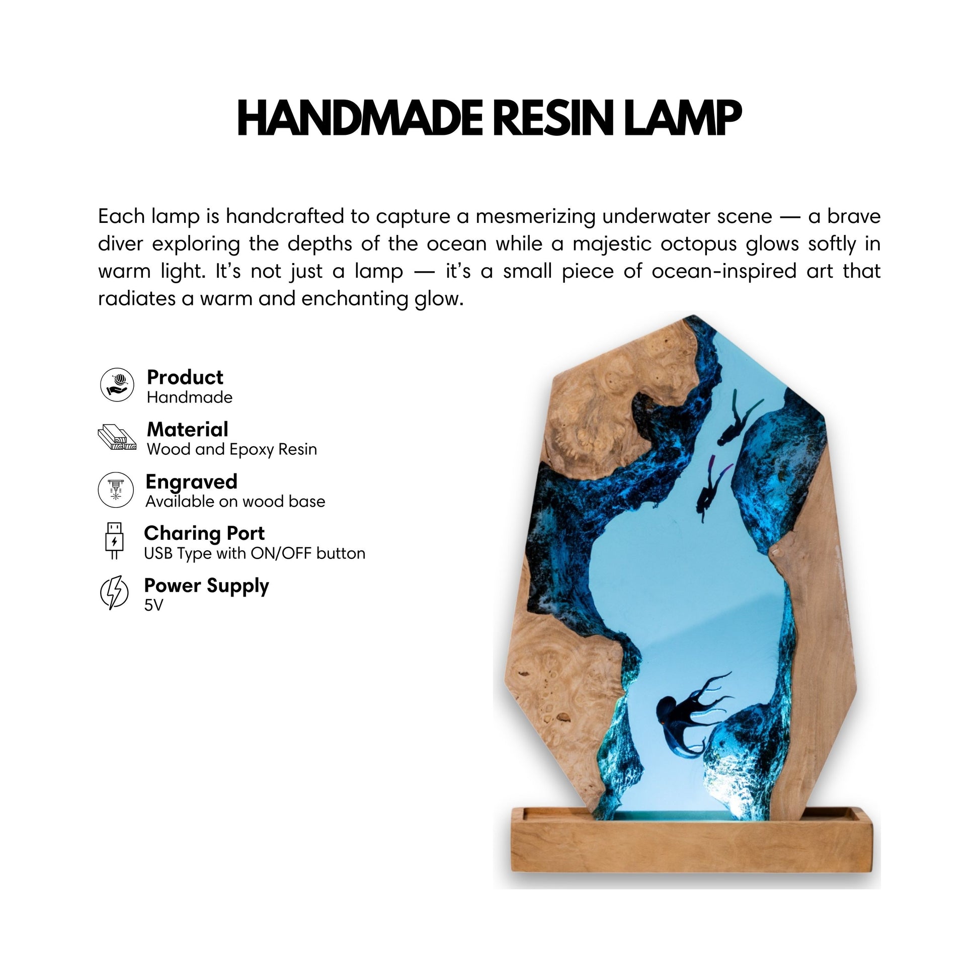 Handmade Octopus and Scuba Diver Ocean Resin Lamp/ Underwater Night Light is perfect for desk decor, gaming room decor, ocean home decor, or a personalized gift for a scuba diver, him, dad, or boyfriend.