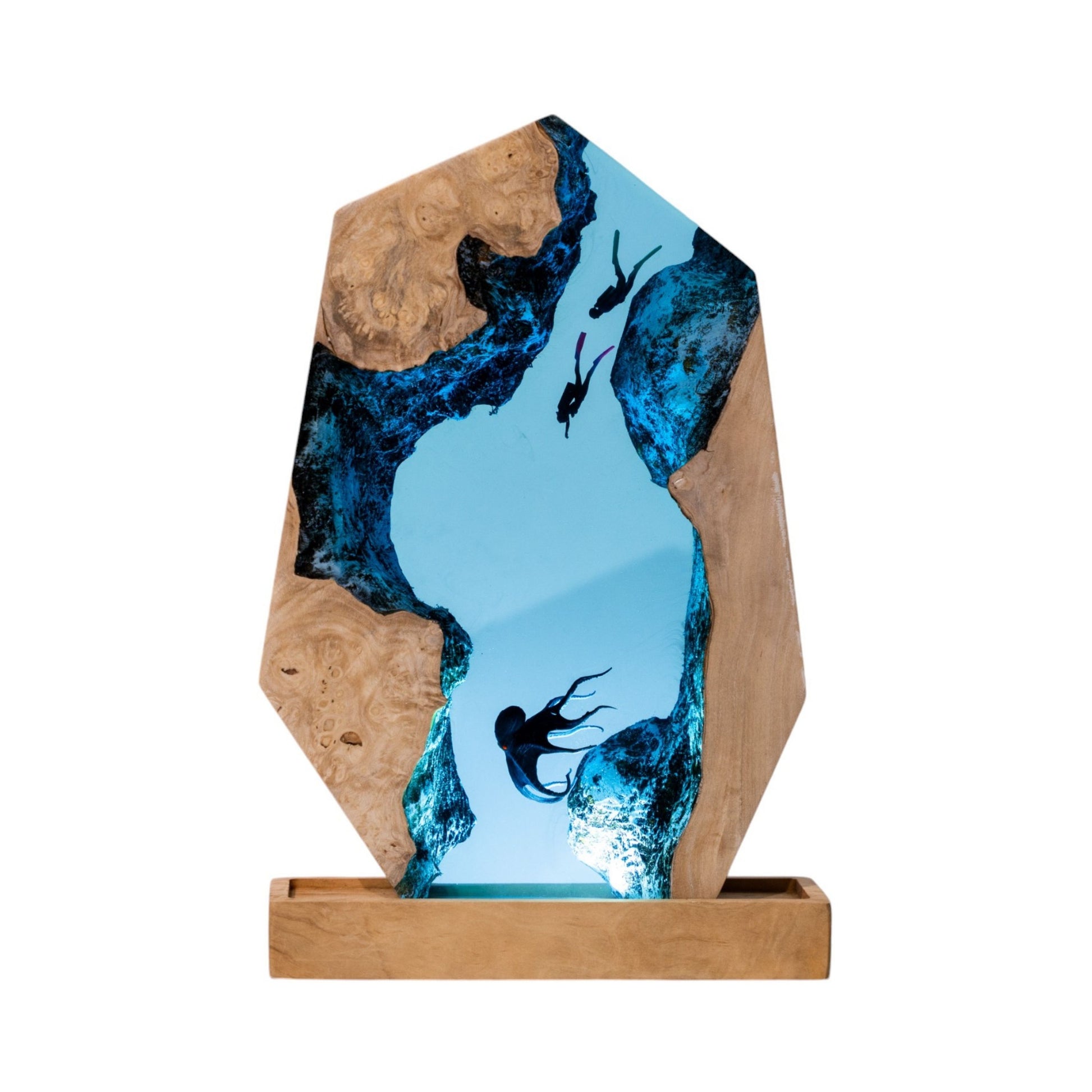 Handmade Octopus and Scuba Diver Ocean Resin Lamp/ Underwater Night Light is perfect for desk decor, gaming room decor, ocean home decor, or a personalized gift for a scuba diver, him, dad, or boyfriend.